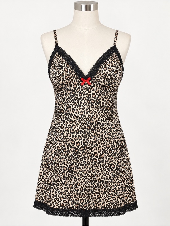 La SENZA Other - La Senza Leopard Print Lace Babydoll Chemise L Black Bow Y2K Lingerie